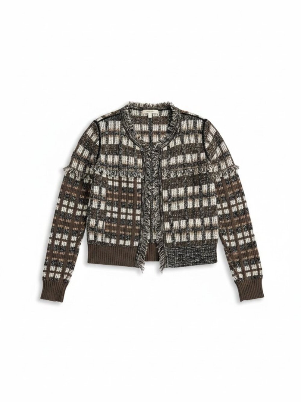 CAbi Womens XS Plaid Knit Fringe Cardigan Sweater Brown Tan Long Sleeve